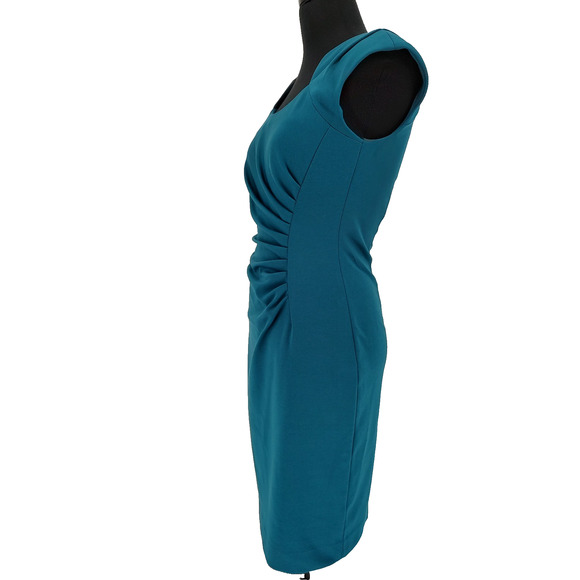Calvin Klein Woman's Turquoise Sheath Dress Size 2 Ruched Side Back Zipper/ Slit - Picture 3 of 8
